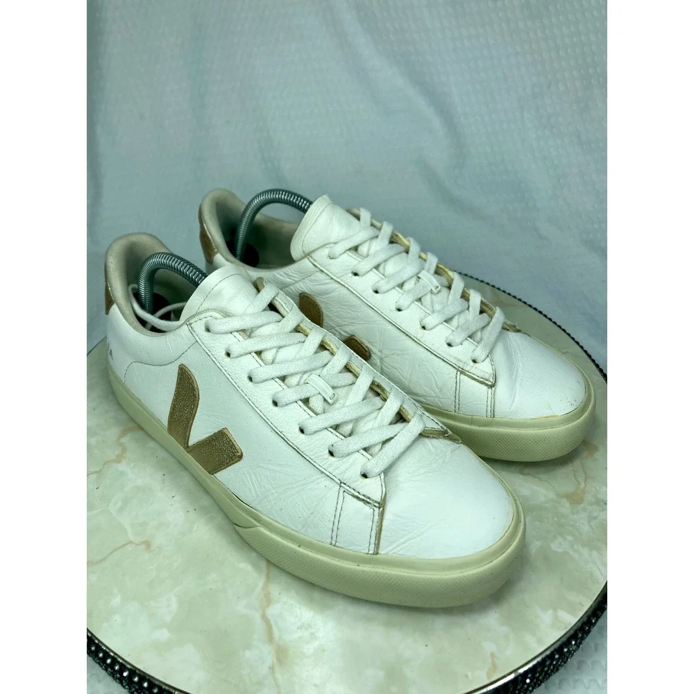 Veja Esplar Metallic Leather Shoes Women 9.5 Gold White Low Top Lace Up Sneakers